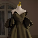 Niulatu A line Off The Shoulder Short Sleeves Green Satin Long Prom Dress HZ1110