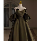 Niulatu A line Off The Shoulder Short Sleeves Green Satin Long Prom Dress HZ1110