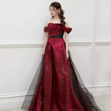 Niulatu A line Off The Shoulder Short Sleeves Burgundy Tulle Long Prom Dress HZ1110