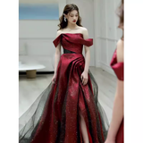 Niulatu A line Off The Shoulder Short Sleeves Burgundy Tulle Long Prom Dress HZ1110