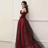 Niulatu A line Off The Shoulder Short Sleeves Burgundy Tulle Long Prom Dress HZ1110