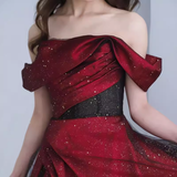 Niulatu A line Off The Shoulder Short Sleeves Burgundy Tulle Long Prom Dress HZ1110