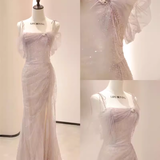 Niulatu Mermaid Straps Pink Tulle Long Prom Dress HZ1110