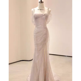 Niulatu Mermaid Straps Pink Tulle Long Prom Dress HZ1110