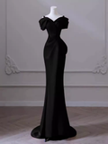 Niulatu Mermaid Spaghetti Straps Black Satin Long Prom Dress HZ1110