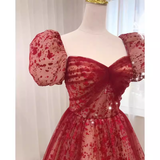 Niulatu Princess Straps Short Sleeves Red Tulle Long Prom Dress HZ1110