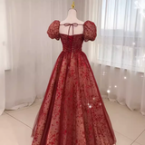 Niulatu Princess Straps Short Sleeves Red Tulle Long Prom Dress HZ1110