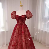 Niulatu Princess Straps Short Sleeves Red Tulle Long Prom Dress HZ1110