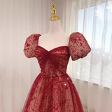 Niulatu Princess Straps Short Sleeves Red Tulle Long Prom Dress HZ1110