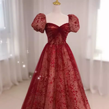 Niulatu Princess Straps Short Sleeves Red Tulle Long Prom Dress HZ1110