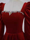Niulatu A line Long Sleeves Velvet Long Red Prom Dresses HZ1110