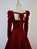 Niulatu A line Long Sleeves Velvet Long Red Prom Dresses HZ1110
