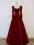 Niulatu A line Long Sleeves Velvet Long Red Prom Dresses HZ1110