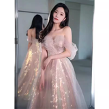 Niulatu A Line Off The Shoulder Pink Tulle Long Prom Dresses HZ1110