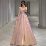 Niulatu A Line Off The Shoulder Pink Tulle Long Prom Dresses HZ1110