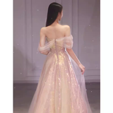 Niulatu A Line Off The Shoulder Pink Tulle Long Prom Dresses HZ1110
