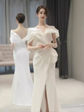 Niulatu Mermaid Off The Shoulder White Long Satin Wedding Dresses HZ1110