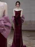 Niulatu Mermaid Straps Velvet Burgundy Long Prom Dresses HZ1110