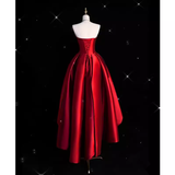 Niulatu High Low Strapless Satin Burgundy Long Prom Dresses HZ1110