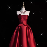 Niulatu High Low Strapless Satin Burgundy Long Prom Dresses HZ1110