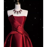 Niulatu High Low Strapless Satin Burgundy Long Prom Dresses HZ1110