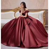 Niulatu A Line Off The Shoulder Satin Burgundy Long Prom Dresses HZ1110