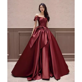 Niulatu A Line Off The Shoulder Satin Burgundy Long Prom Dresses HZ1110