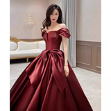 Niulatu A Line Off The Shoulder Satin Burgundy Long Prom Dresses HZ1110