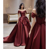 Niulatu A Line Off The Shoulder Satin Burgundy Long Prom Dresses HZ1110