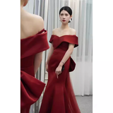 Niulatu Mermaid Off The Shoulder Satin Burgundy Long Prom Dresses With Bowknot HZ1110