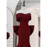 Niulatu Mermaid Off The Shoulder Satin Burgundy Long Prom Dresses With Bowknot HZ1110