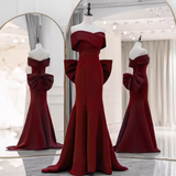 Niulatu Mermaid Off The Shoulder Satin Burgundy Long Prom Dresses With Bowknot HZ1110