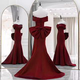 Niulatu Mermaid Off The Shoulder Satin Burgundy Long Prom Dresses With Bowknot HZ1110