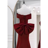 Niulatu Mermaid Off The Shoulder Satin Burgundy Long Prom Dresses With Bowknot HZ1110