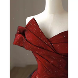 Niulatu A Line Off The Shoulder Satin Burgundy Tulle Long Prom Dresses HZ1110