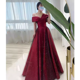 Niulatu A Line Off The Shoulder Satin Burgundy Tulle Long Prom Dresses HZ1110