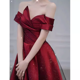 Niulatu A Line Off The Shoulder Satin Burgundy Tulle Long Prom Dresses HZ1110