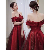 Niulatu A Line Off The Shoulder Satin Burgundy Tulle Long Prom Dresses HZ1110