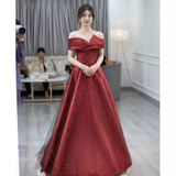 Niulatu A Line Off The Shoulder Satin Burgundy Tulle Long Prom Dresses HZ1110