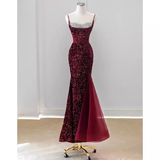 Niulatu Mermaid Spaghetti Straps Sequin Burgundy Long Prom Dresses HZ1110