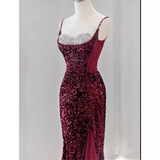 Niulatu Mermaid Spaghetti Straps Sequin Burgundy Long Prom Dresses HZ1110