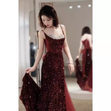 Niulatu Mermaid Spaghetti Straps Sequin Burgundy Long Prom Dresses HZ1110