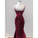 Niulatu Mermaid Spaghetti Straps Sequin Burgundy Long Prom Dresses HZ1110