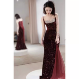 Niulatu Mermaid Spaghetti Straps Sequin Burgundy Long Prom Dresses HZ1110