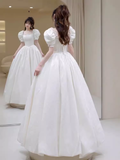 Niulatu A Line Short Sleeves Lace White Long Wedding Dresses HZ1110