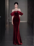 Niulatu Mermaid Off The Shoulder Short Sleeves Velvet Burgundy Prom Dress HZ1110
