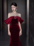 Niulatu Mermaid Off The Shoulder Short Sleeves Velvet Burgundy Prom Dress HZ1110
