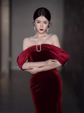 Niulatu Mermaid Off The Shoulder Short Sleeves Velvet Burgundy Prom Dress HZ1110