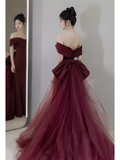 Niulatu Mermaid Off The Shoulder Short Sleeves Burgundy Prom Dress Satin Birthday Outfits HZ1110