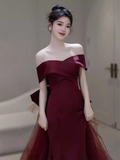 Niulatu Mermaid Off The Shoulder Short Sleeves Burgundy Prom Dress Satin Birthday Outfits HZ1110